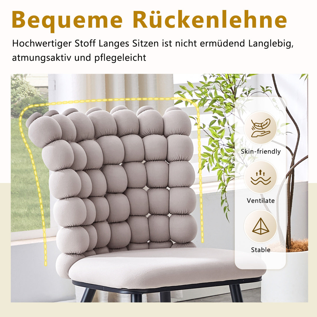 Esszimmerstuhl Samt Hellgrau, Kugelketten-Design, Schwarz-Metallbeine, Modern