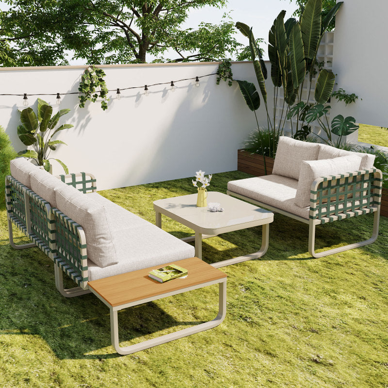 Garten Lounge Set (4-5 Sitzer), Grünes Leder Rattan Gartenmöbel Set, Modernes Outdoor Sofa Set inkl. aller Sitz- und Rückenkissen, Balkonset, Garten und Terrasse, Aprikose