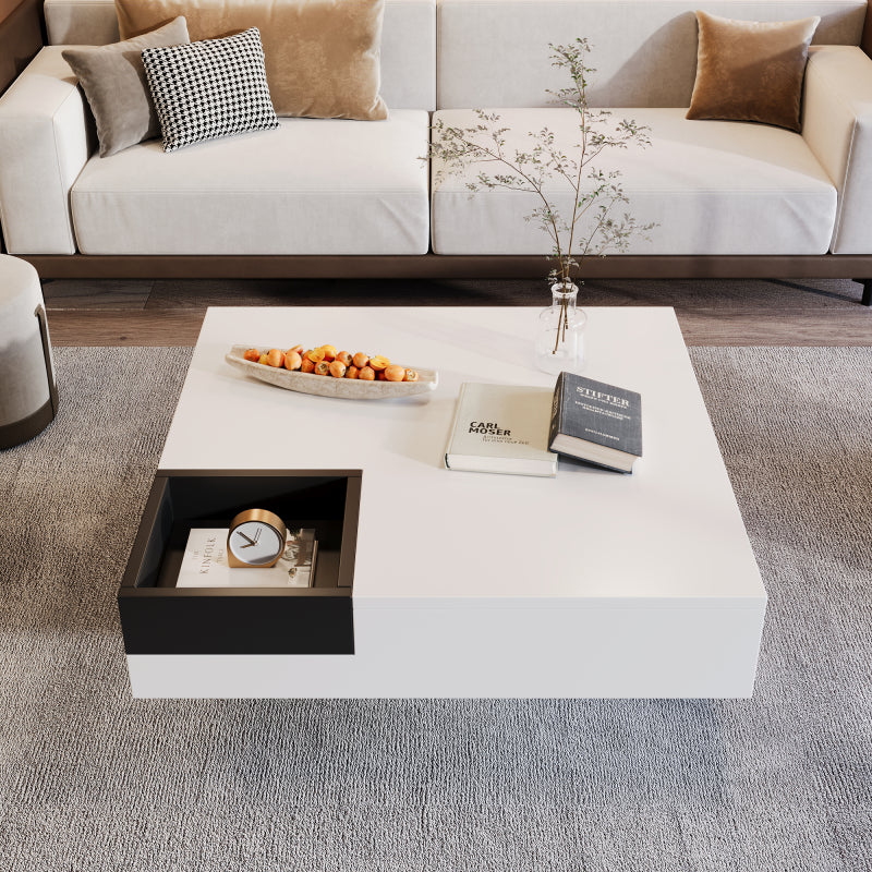 Couchtisch, Hochglanz-Wohnzimmertisch, Beistelltisch mit abnehmbarer Aufbewahrungsbox, Farbblockweiß und Schwarz, 72*72*30 cm, Mit LED-Lichteffekt