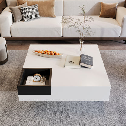Couchtisch, Hochglanz-Wohnzimmertisch, Beistelltisch mit abnehmbarer Aufbewahrungsbox, Farbblockweiß und Schwarz, 72*72*30 cm, Mit LED-Lichteffekt