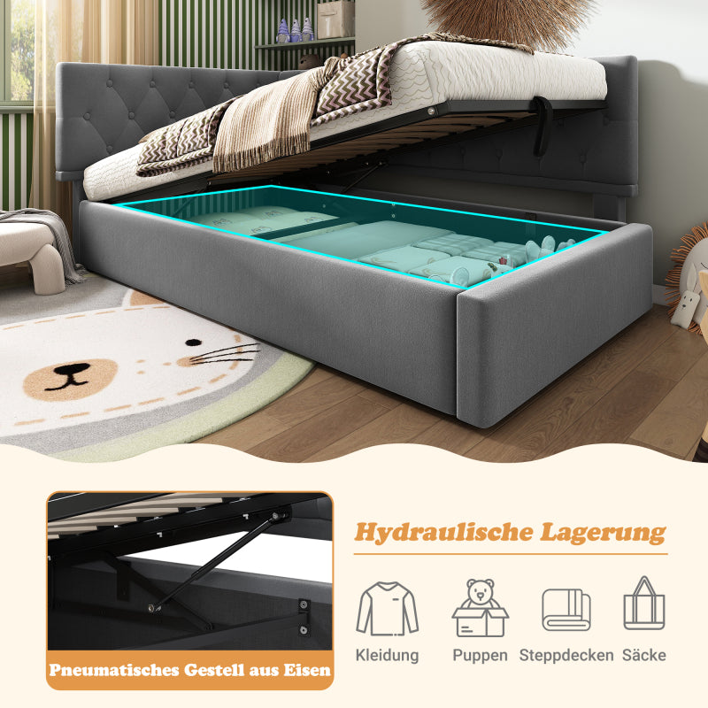 Polsterbett Tagesbett Daybett 90x200cm, Schlafsofa mit hydraulischem Stauraum, Kinderbett Jugendbett Bettgestell mit Lattenrost aus Holz, Samt, Grau, ohne Matratze.