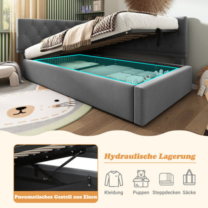 Polsterbett Tagesbett Daybett 90x200cm, Schlafsofa mit hydraulischem Stauraum, Kinderbett Jugendbett Bettgestell mit Lattenrost aus Holz, Samt, Grau, ohne Matratze.