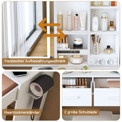 Kleiner Schminktisch LED, USB/Steckdose, 3 Lichtfarben, Hocker, Platzsparend