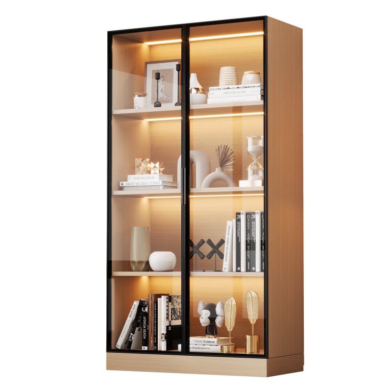 Glasvitrine, Eiche-Optik, 70×40×160 cm: LED-beleuchteter Vitrinenschrank mit gehärtetem Glas und Einlegeböden, ideal für Sammlungen, Bücher und Wein.