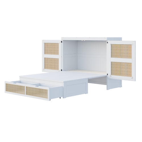 Schrankbett 140 x 200 cm, Wandbett mit Lattenrost, Wandklappbett, Rattan-Design, Holzbetten, Jugendbetten, Einzelbetten, Grau