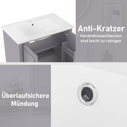 76x46x87cm Bodenstehender Badezimmerschrank mit Waschbeck, Waschtisch,Beine aus Massivholz, MDF-Material, feuchtigkeits- und wasserdicht, großer Stauraum, integriertes Keramikwaschbecken, Grau
