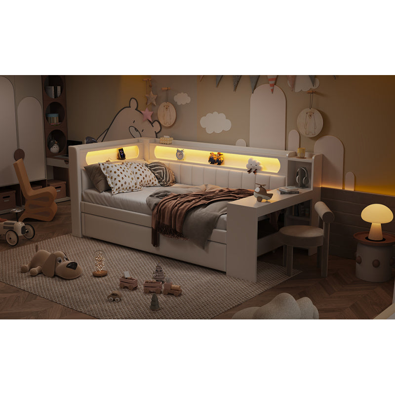 Gepolstertes 90x200 Tagesbett mit USB-Anschlüssen und LED-Gürtel, mit Ausziehbett und Schreibtisch, Weiß