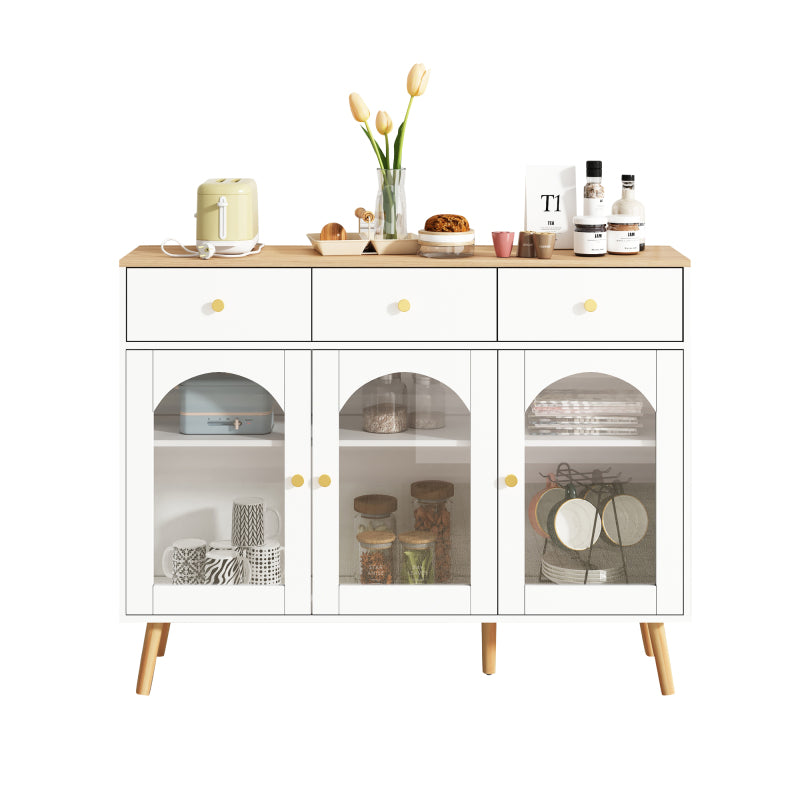 Sideboard mit 3 Schubladen und 3 gebogenen Türen mit breitem Schrank aus gehärtetem Glas für Buffettische in Küchen und Esszimmern, weiß und natur