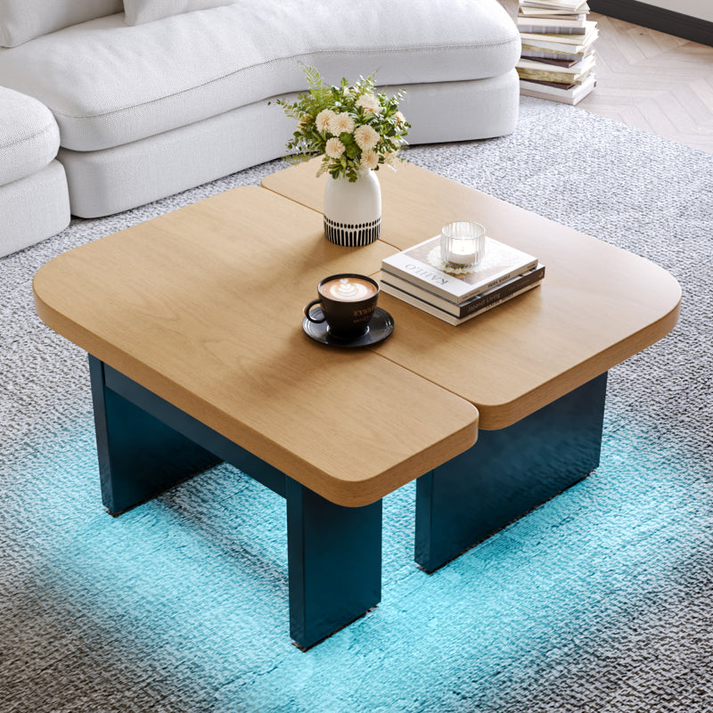 Moderner Couchtisch mit LED-Design aus umweltfreundlichem Holz, 2-in-1-Design, weiche Rundungen, höhenverstellbare Füße