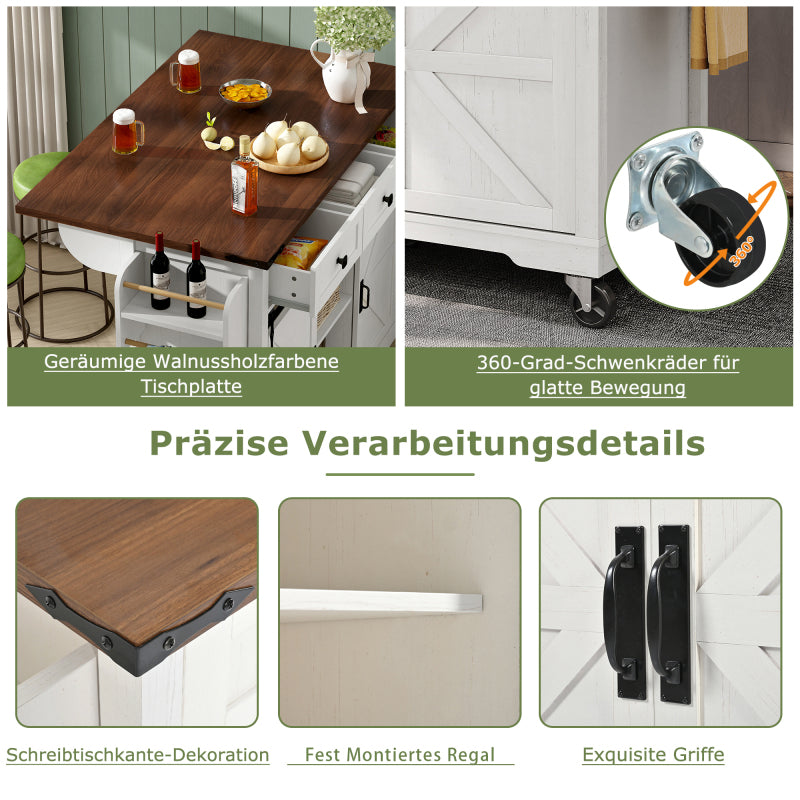 Kücheninsel, Servierwagen mit ausziehbarer Arbeitsplatte, Küchenwagen auf Rollen, Küchenschrank mit 2 Schiebetüren und 3 Schubladen,Speisewagen mit Holzmaserung,Küchenschrank