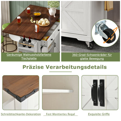 Kücheninsel, Servierwagen mit ausziehbarer Arbeitsplatte, Küchenwagen auf Rollen, Küchenschrank mit 2 Schiebetüren und 3 Schubladen,Speisewagen mit Holzmaserung,Küchenschrank
