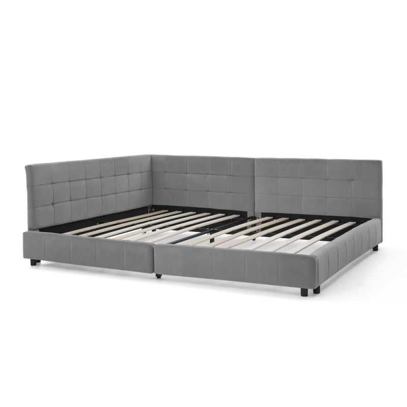 Doppelbett 140x200 cm, weiches hautfreundliches Samt, L-förmiges Eck Bettgestell, robuste Eukalyptus- und Eisenlatten, Dark Gray (ohne Matratze)