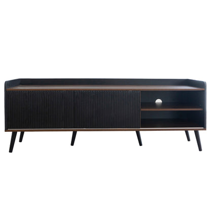TV-Schrank mit zwei Schubladen, Fernsehtisch TV Board, TV- Lowboard niedrige Platte mit zwei Schiebetüren. Exquisite Textur. Schwarz und natürliches Holzfarbe. H58/L160/T40 cm
