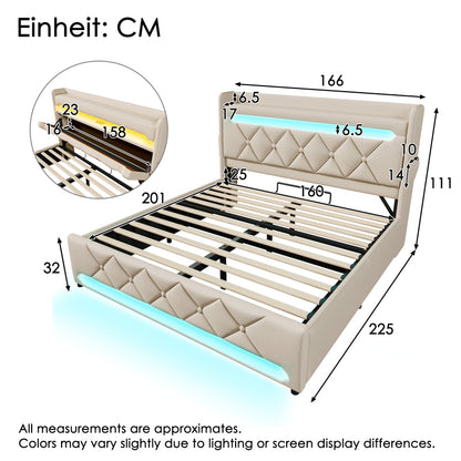 Polsterbett Doppelbett 160*200, Stauraum Kopfteil mit USB und Typ C-Port ,360-Surround-LED-Funktion rund um Kopf- und Fußende des, Betten mit Hydraulisch Stauraum, Beige , Leinen(Ohne Matratze)