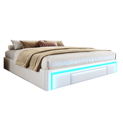 Bettgestell 180X200 mit Schubladen, PU-Leder Bett ohne Kopfteil Mit LED-Lichtleiste, MetalllattenPlattformbett für moderne Schlafzimmer Beige