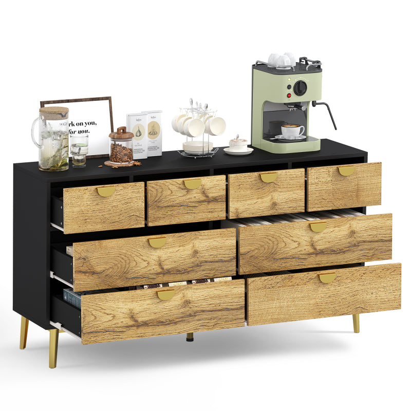 L150*W40*H78cm, Moderne Sideboard mit 8 Schubladen, Schwarz & Holzfarben, Minimalistisches Design, Goldene Metallgriff, Metallfüße, für Wohnzimmer und Esszimmer