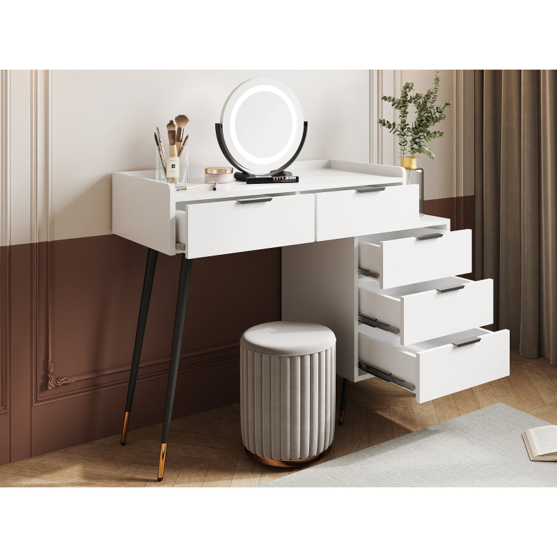 Weißer Schminktisch(Ohne Stühle), Enthält ausziehbare Seitenschränke, mit Spiegel einstellbare Helligkeit, mit 5 Schubladen, Großer Frisierkommode Schlafzimmermöbel Vanity, Weiß