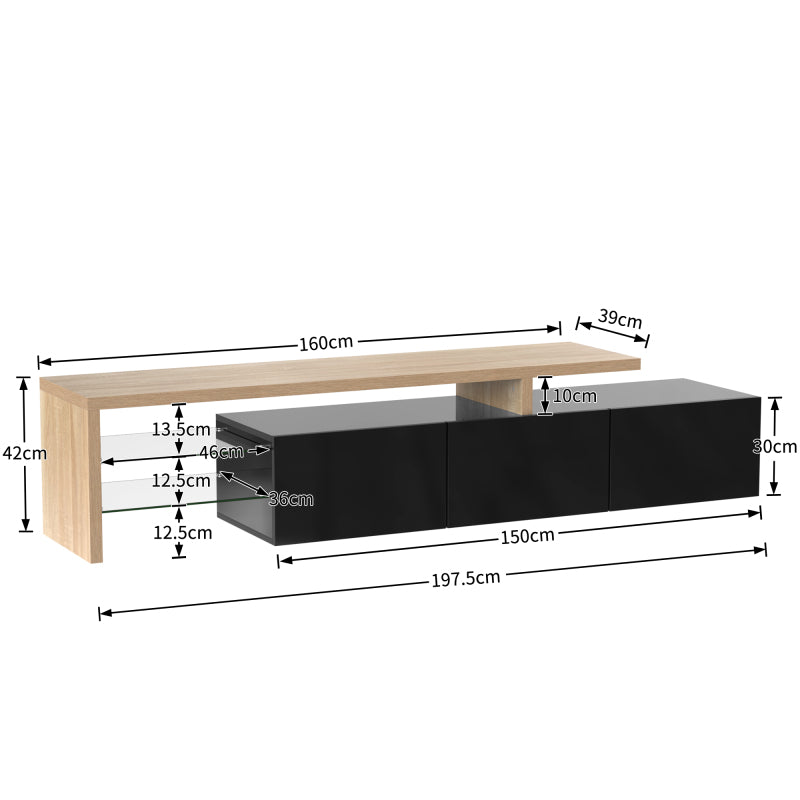 Modernes TV-Schrank-Design: Stilvolle Eleganz, praktischer Stauraum, Hochglänzendes Schwarz, Holzoptik, Glasböden, LED-Beleuchtung