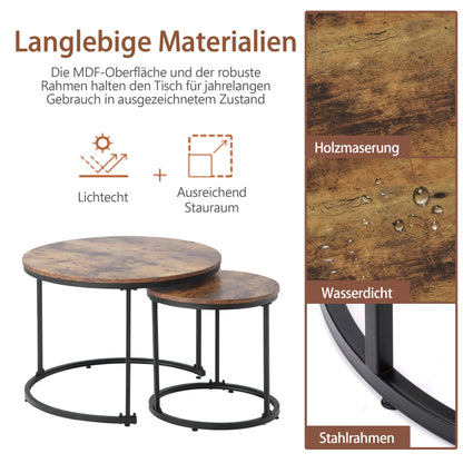 Runder Couchtisch 2er Set Satz Couchtisch Wohnzimmer Runder geschachtelter Beistelltisch 2 Runder Beistelltisch (Braun)