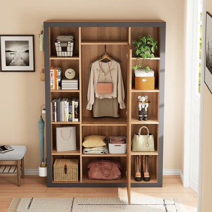 Garderobengestell mit Spiegel, Multifunktions Garderobe und Vitrine, Bücherregal Kombination mit Abtropfschale, Haken und Kleiderbügeln