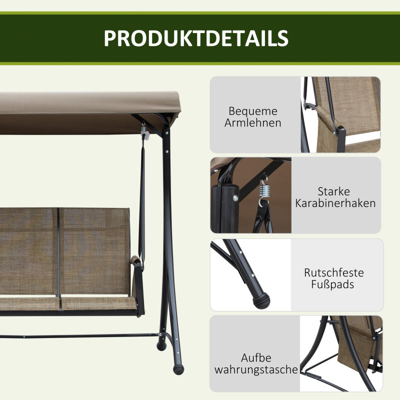 Hollywoodschaukel mit Seitentasche, 3-Sitzer Gartenschaukel mit verstellbarem Sonnendach, für Garten, Terrasse, Braun