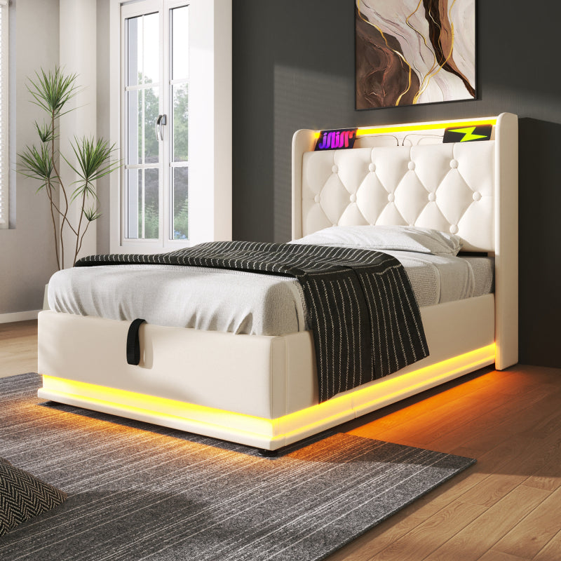 Polsterbett einzelbett, 360-Surround-LED-Funktion, Drucktaste/App/Fernbedienung, 90*200 cm, weiß PU-Material Hydraulisches Lagerbett, gepolstertes Kopfteil mit USB Typ-C Ladefunktion (Mit Matratze)