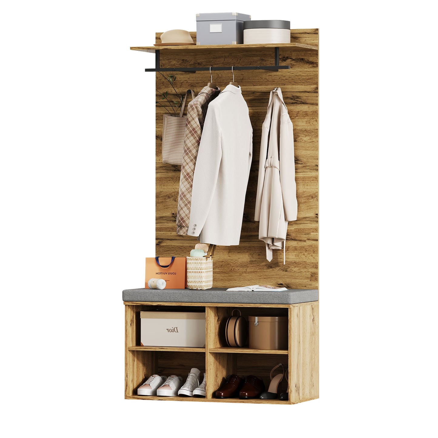 Garderobenset in Holzoptik mit Schuhbank, verstellbarem Regal, Kleiderstange und Polster, Praktische Flurmöbel