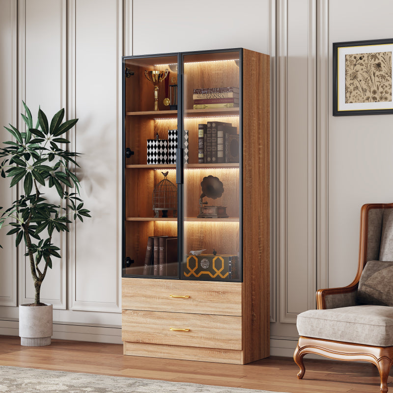Badezimmerschrank, mittel, mit Lichtleiste, 75 cm breit, mit 2 großen Schubladen und 2 Türen, Glastür