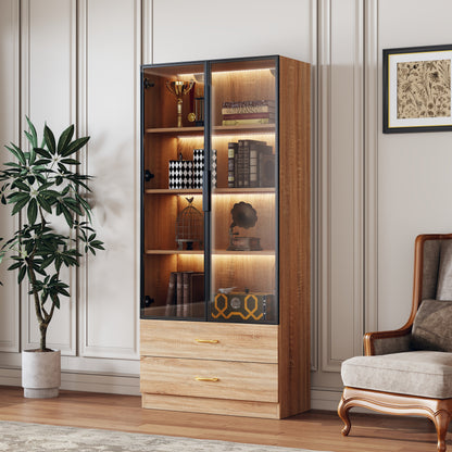 Badezimmerschrank, mittel, mit Lichtleiste, 75 cm breit, mit 2 großen Schubladen und 2 Türen, Glastür