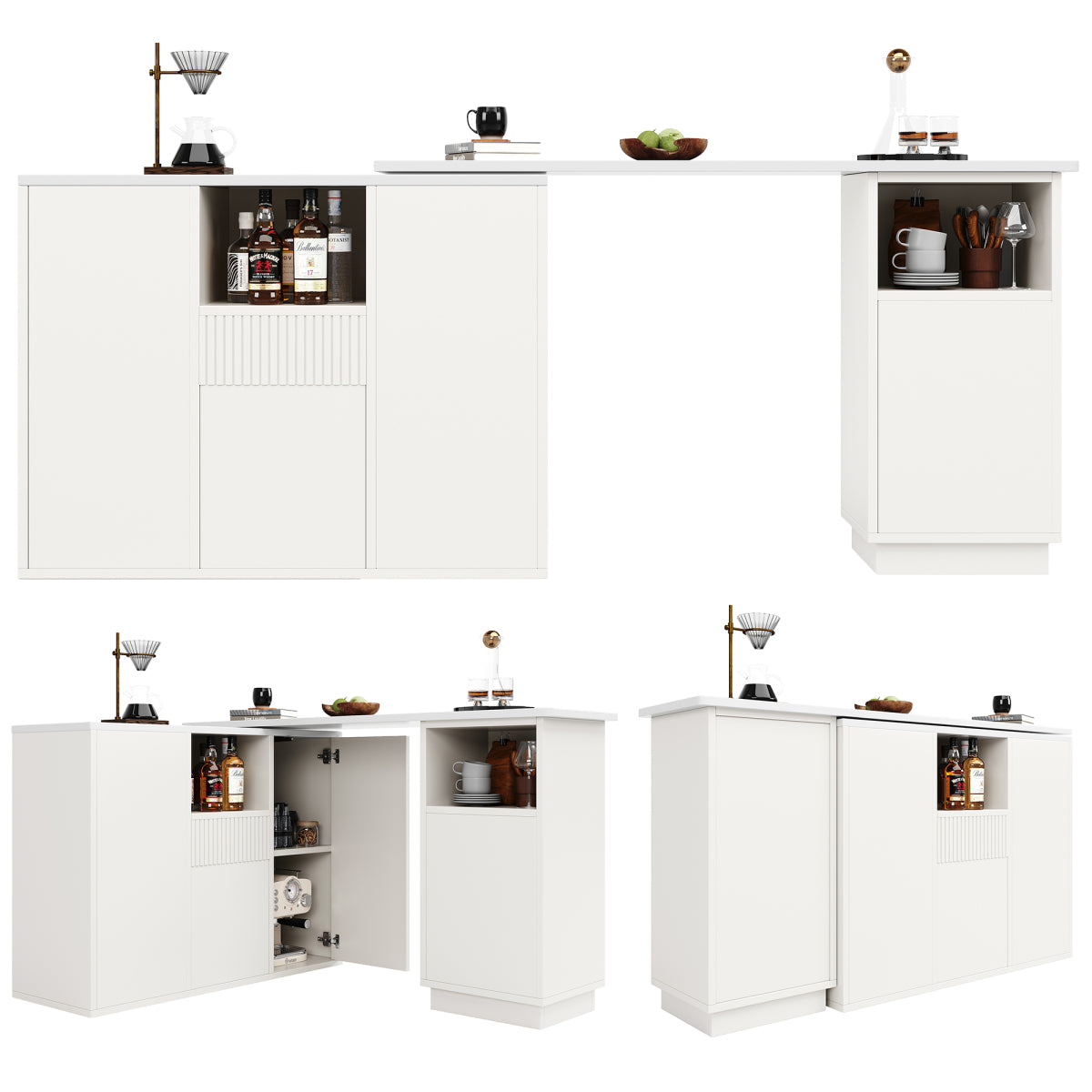 360° Drehbarer Bartisch 210cm L-Form Kücheninsel mit Marmor-Optik Arbeitsplatte, Moderner Tresen & Aufbewahrungsschrank Weiß, Sideboard