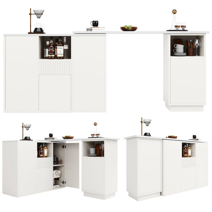 360° Drehbarer Bartisch 210cm L-Form Kücheninsel mit Marmor-Optik Arbeitsplatte, Moderner Tresen & Aufbewahrungsschrank Weiß, Sideboard
