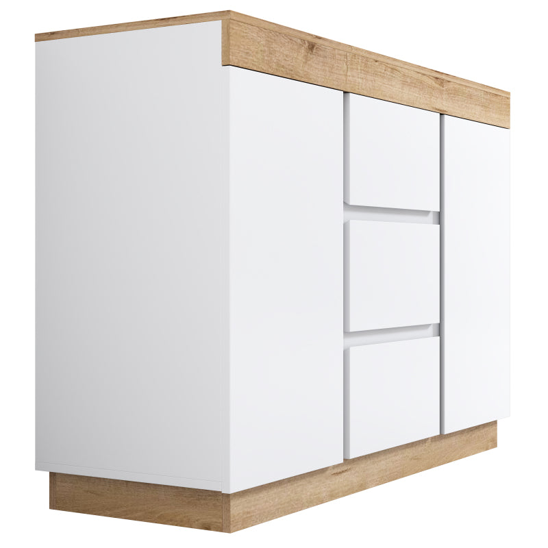 Kommode mit 3 Schubladen und 2 Türen, Schließfach,Funktion von Aufbewahrung, für Schlafzimmer und Wohnzimmer, E1-Spanplatte, weiß+oak