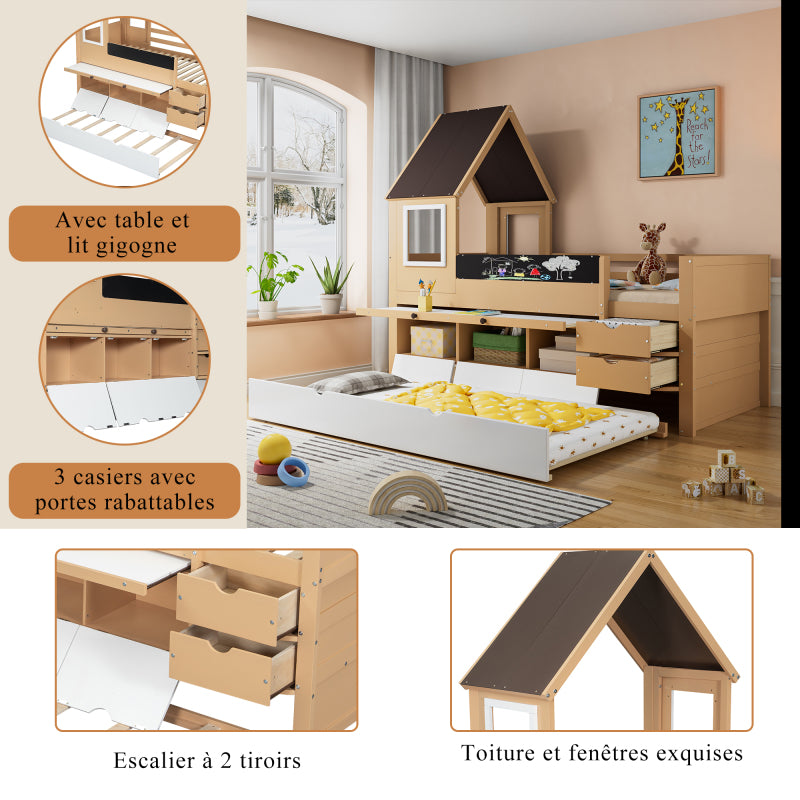 Etagenbett, Baumhausbett mit Schubladen und Ausziehbett, Mit Ausziehtisch, Reichlich Stauraum, Holzbett mit Fenster, Rahmen aus Kiefer, Graffiti-Tafel, Kiefer+MDF, weiß+Natur, 90x200&90*190cm