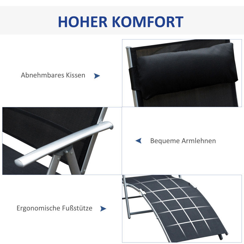 Sonnenliege klappbar Gartenliege mit Kissen, Metall und Stoff Schwarz für Strand und Terrasse