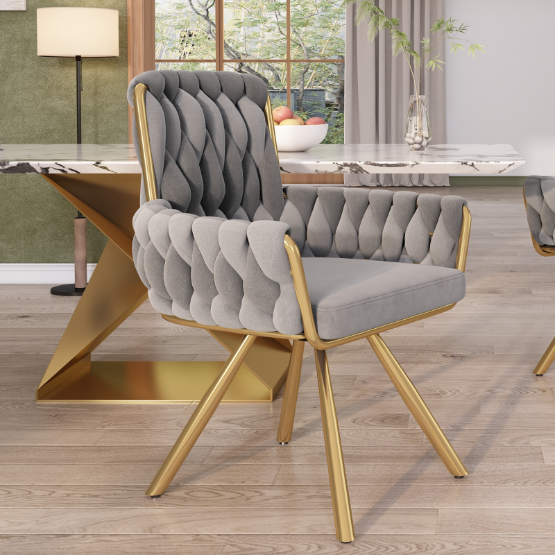 Samt-Esszimmerstuhl, 4er set, Sessel, einzelner luxuriöser Wohn- und Schlafzimmer-Drehstuhl, Freizeit-Drehstuhl mit vier Stützbeinen aus Metall, grau