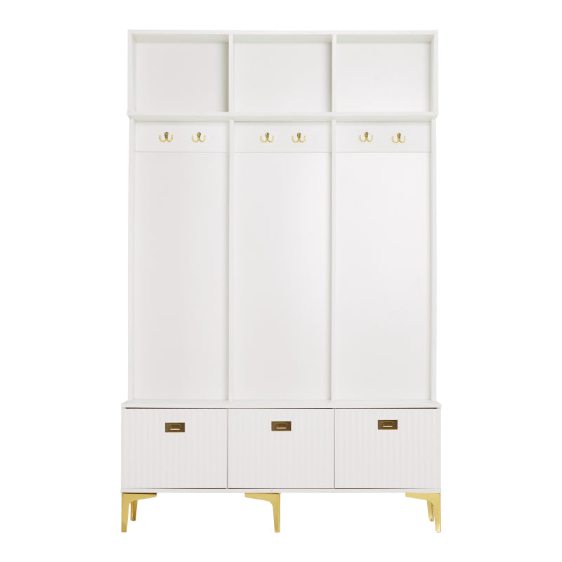 Garderobenset mit Bank, multifunktionale Aufbewahrungsbank, offene Aufbewahrung,6 goldene Haken und Füße, geeignet für Flur, Wohnzimmer, weiß, B120/D40/H191.5CM