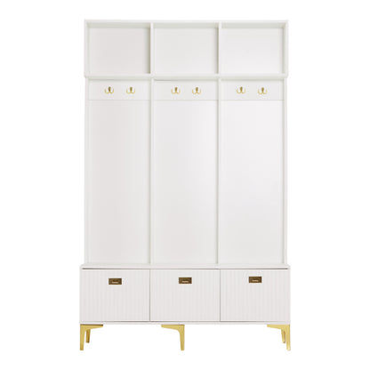 Garderobenset mit Bank, multifunktionale Aufbewahrungsbank, offene Aufbewahrung,6 goldene Haken und Füße, geeignet für Flur, Wohnzimmer, weiß, B120/D40/H191.5CM