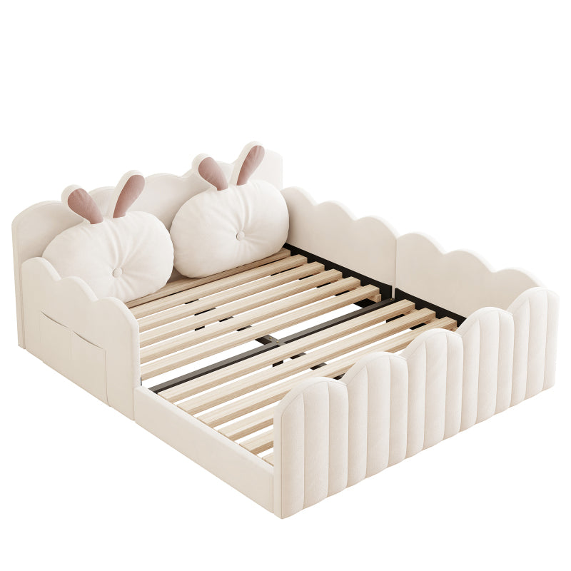 140x200 Gepolstertes Plattformbett mit Kissen in Kaninchenform, Beige