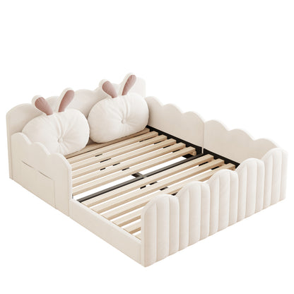 140x200 Gepolstertes Plattformbett mit Kissen in Kaninchenform, Beige