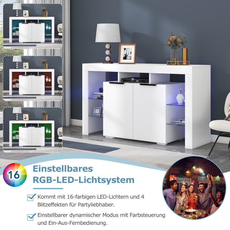Hochglanz-LED-Sideboard, Küchenschrank, Schrank, Buffet-Aufbewahrung, Servertisch mit LED-Leuchten, Hochglanz-Buffetschrank mit 4 Glasböden und 2 Tür, Vitrine für Wohnzimmer, Eingangsbereich
