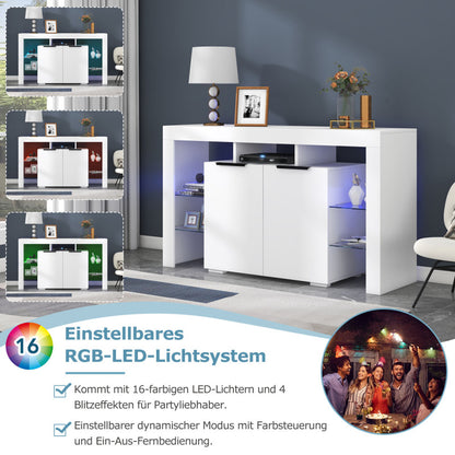 Hochglanz-LED-Sideboard, Küchenschrank, Schrank, Buffet-Aufbewahrung, Servertisch mit LED-Leuchten, Hochglanz-Buffetschrank mit 4 Glasböden und 2 Tür, Vitrine für Wohnzimmer, Eingangsbereich