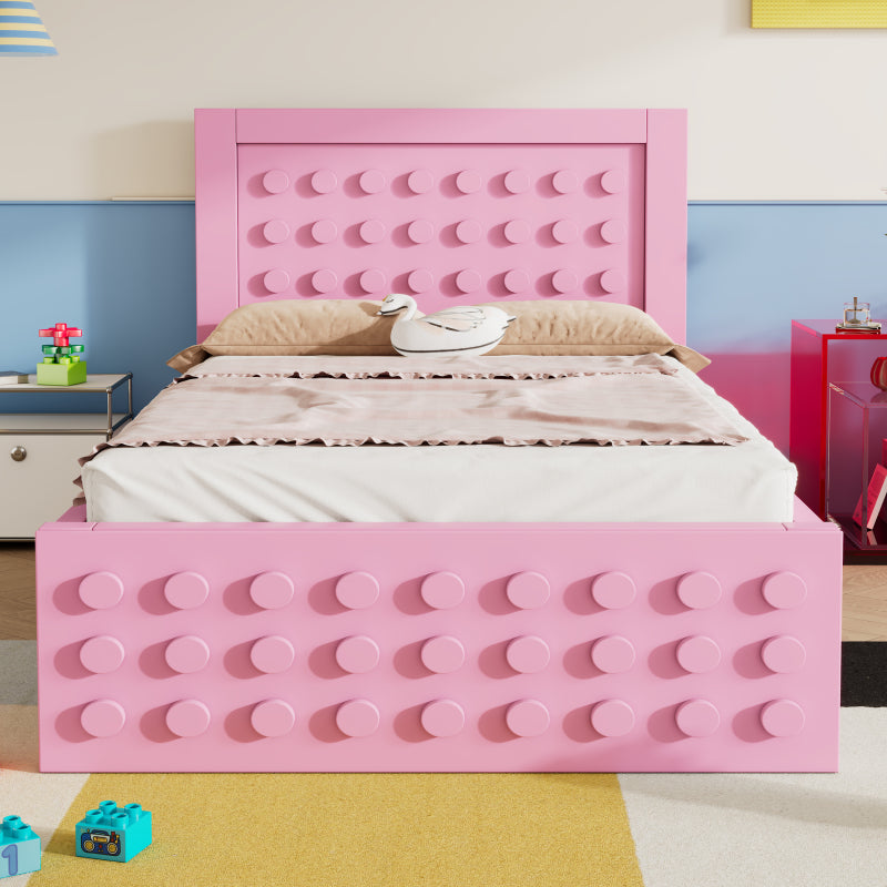 Holzbett Einzelbett 90x190 cm, Kinderbett Jugendbett mit Kreativem Block Design, Massivholz Bettgestell mit Lattenrost, mit Schubladen & Unterm Bett Stauraum, Rosa, Ohne Matratze