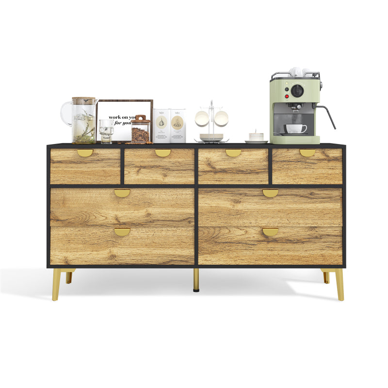 L150*W40*H78cm, Moderne Sideboard mit 8 Schubladen, Schwarz & Holzfarben, Minimalistisches Design, Goldene Metallgriff, Metallfüße, für Wohnzimmer und Esszimmer