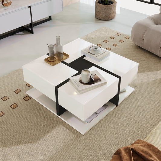 Hochglanz-Couchtisch, Tisch mit 4 Schubladen, einzigartige Farbabstimmung und Liniendesign, Stauraum unten. 78*78*36cm