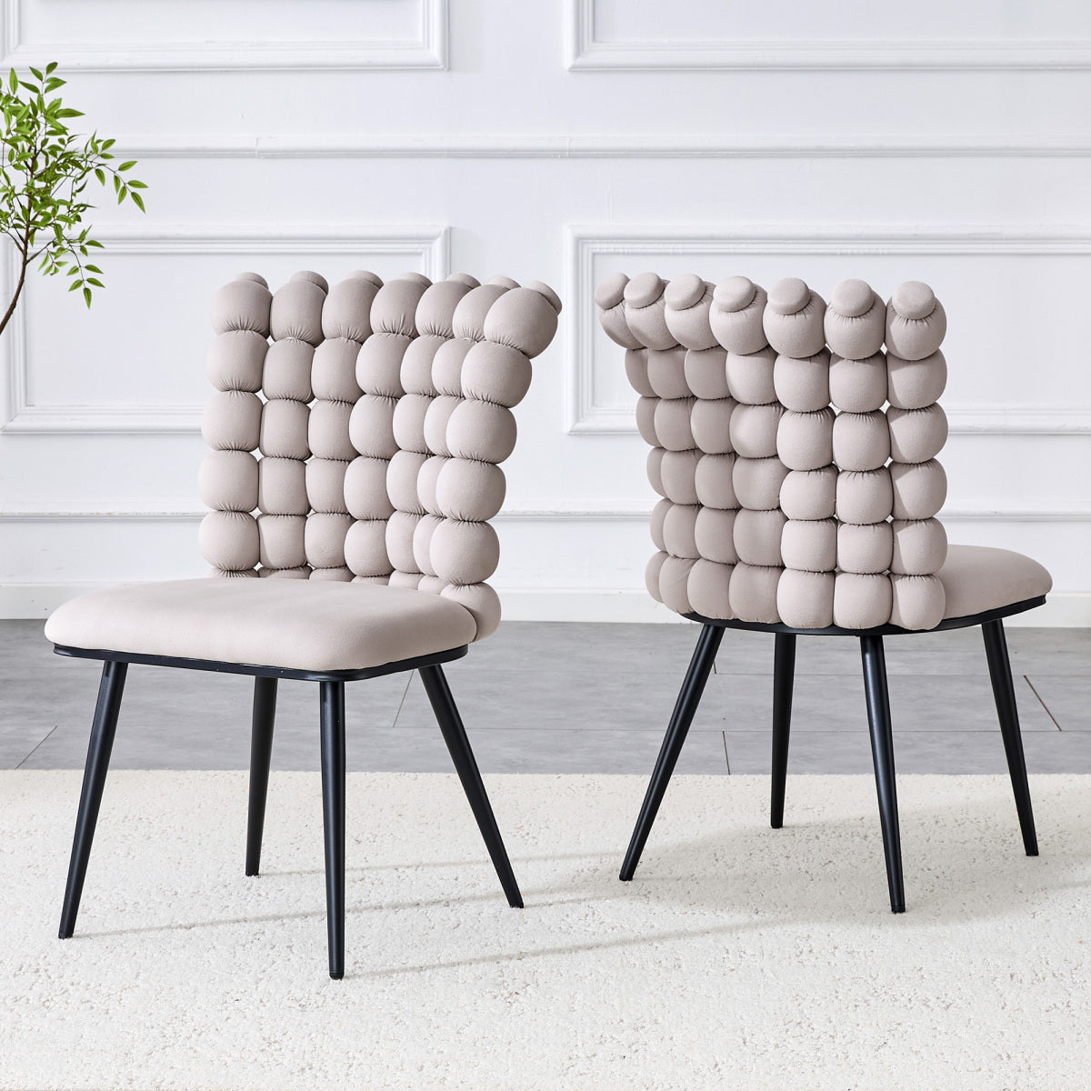 Esszimmerstuhl Samt Hellgrau, Kugelketten-Design, Schwarz-Metallbeine, Modern