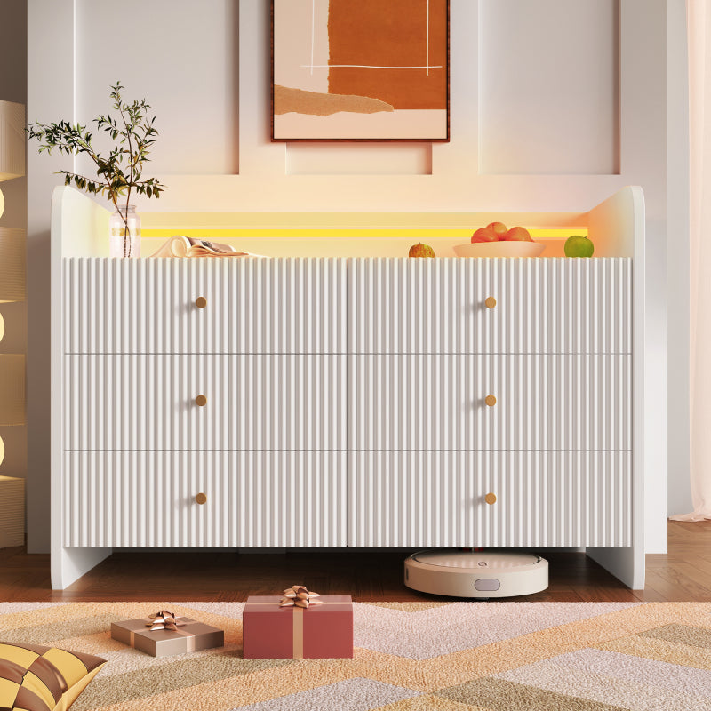 Sideboard, Kommode mit LED-Beleuchtung und 6 Schubladen, Wellenförmiges Rillendesign, Moderner Schrank für Wohnzimmer und Schlafzimmer, 120x40x75cm, Weiß