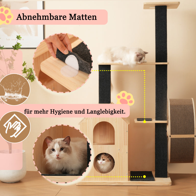 Katzenbaum aus Massivholz mit Laufrad mit 4 Plattformen, 2 Katzenhäusern, Sisalpfosten & waschbaren Kratzmatten, 80×40×152 cm