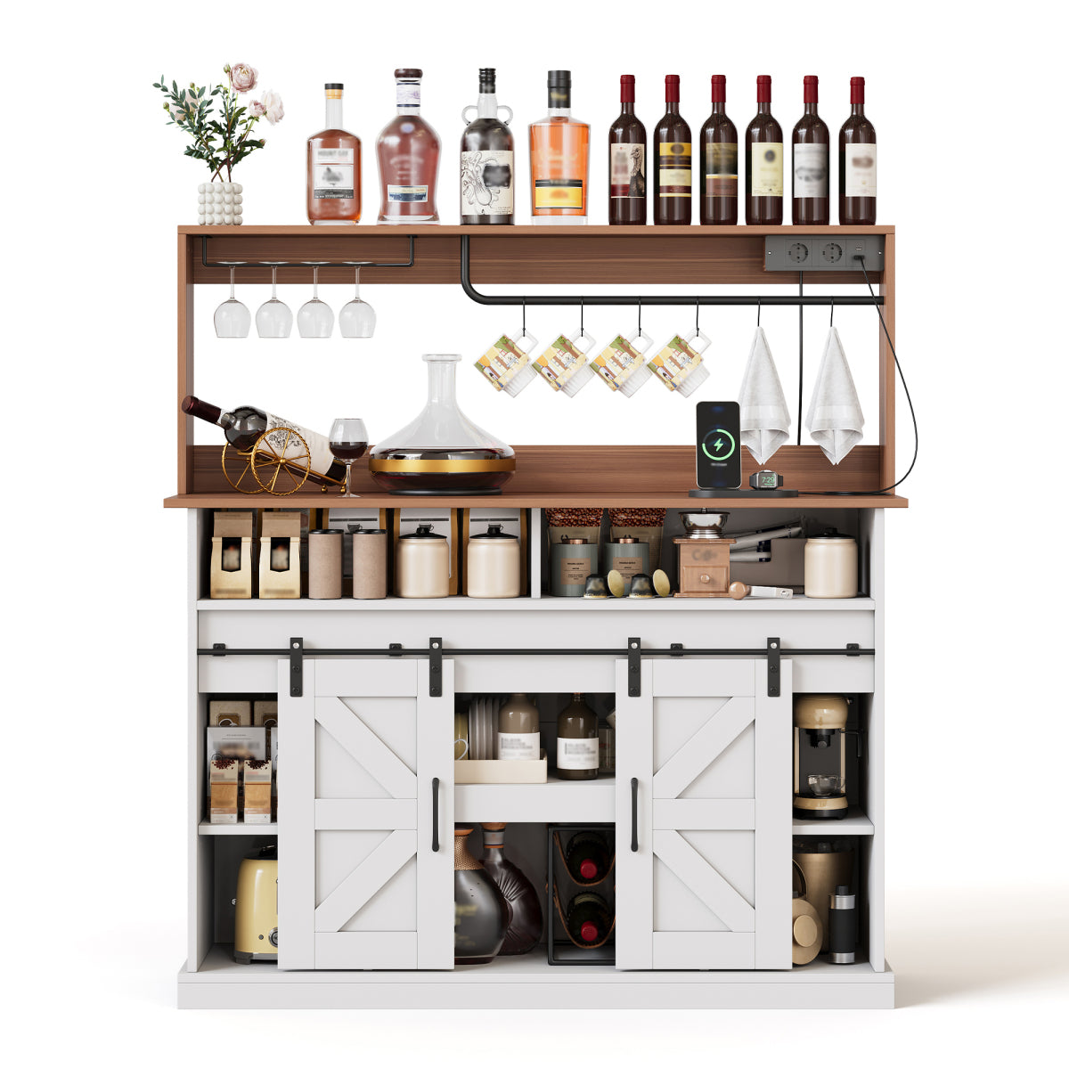 Kaffeebar 120 cm mit Gläserhalter & Steckdosen, Sideboard im Landhausstil mit Schiebetüren – Weiß/Natur
