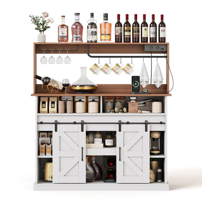Kaffeebar 120 cm mit Gläserhalter & Steckdosen, Sideboard im Landhausstil mit Schiebetüren – Weiß/Natur
