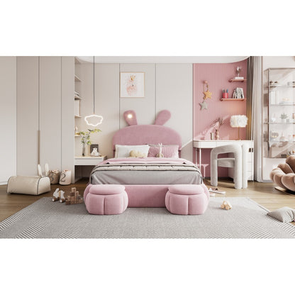 Polsterbett, Doppelbett, hydraulisches Bett, Hasenohren mit einstellbarer Helligkeit warmfarbenen Lichtstreifen, Stauraum unter dem Bett, zwei Aufbewahrungshockern, Samt, Rosa, 140x200cm